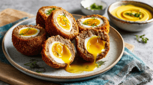 Scotch eggs, oeufs coulant enrobés de viande hachée de porc, sur une assiette blanche