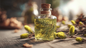 Sirop de sapin dans une fiole en verre, avec des branches de sapin sur une table en bois