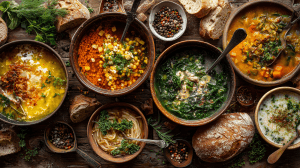 Les meilleures soupes du monde présenteés dans des bols vus du dessus sur une table rustique, varitété de soupes au légumes, aux pâtes, à la viande