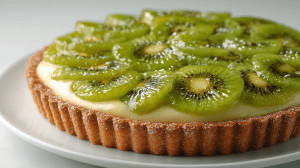 tarte au kiwi avec une belle pate sablée, une crème pâtissière et des tranches de kiwi bien brillantes