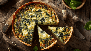 tarte aux épinards sur un morceau de papier sulfurisé sur une planche en bois, vue du dessus avec deux parts découpées