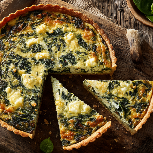 tarte aux épinards sur un morceau de papier sulfurisé sur une planche en bois, vue du dessus avec deux parts découpées