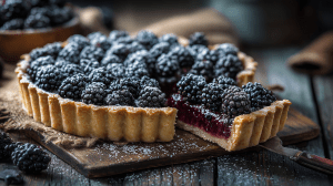 tarte aux mûres avec une part coupée, des mûres entières sur le dessus