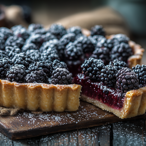 tarte aux mûres avec une part coupée, des mûres entières sur le dessus