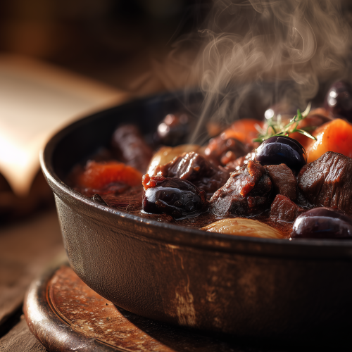 boeuf en daube dans une casserole en cuivre, encore fumant, on voit bien les morceaux de viande et les carottes, les oignons et les olives dans la sauce onctueuse à base de vin et de tomate
