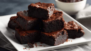 Brownie sans beurre présentés coupé en carré, sur une assiette blanche