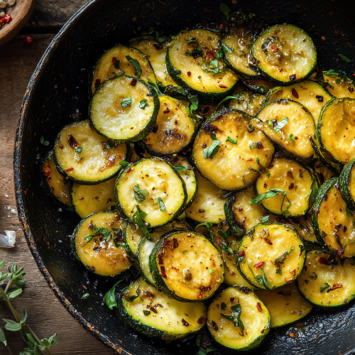 Courgettes à la poele bien dorées avec des herbes fraiches