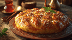 couscouma marocain, pain brioché aux graines d'anis, présenté avec des feuilles de menthe, sur une planche en bois