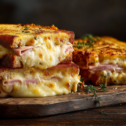 Croques-monsieur au four, sortis du grill, bien croustillants et dégoulinants de fromage