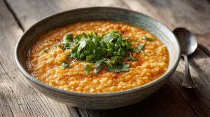 Dahl de lentilles corail servi dans un bol oriental, avec une cuillère ancienne