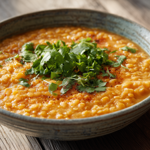 Dahl de lentilles corail servi dans un bol oriental, avec une cuillère ancienne