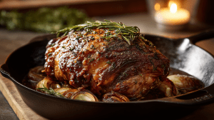 Epaule d'agneau au four, juste sortie du grill, bien rôtie avec des oignons et des herbes