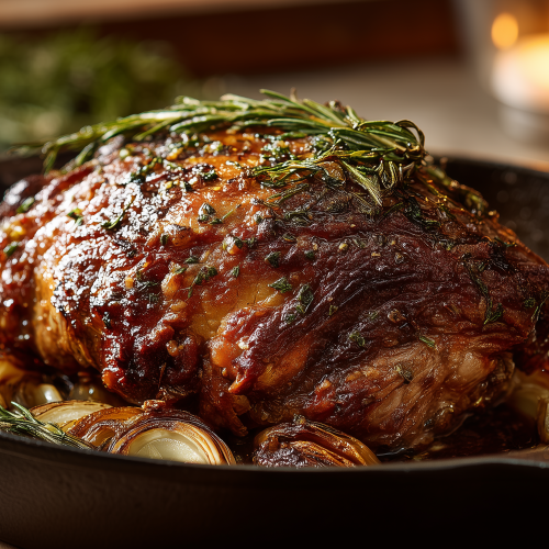 Epaule d'agneau au four, juste sortie du grill, bien rôtie avec des oignons et des herbes