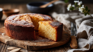 Gâteau sans gluten servi sur une planche en bois avec un décor rustique, une part est coupée pour voir la texture moelleuse du gâteau