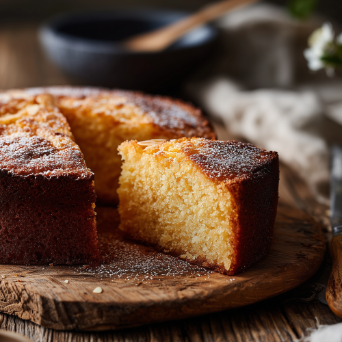 Gâteau sans gluten servi sur une planche en bois avec un décor rustique, une part est coupée pour voir la texture moelleuse du gâteau