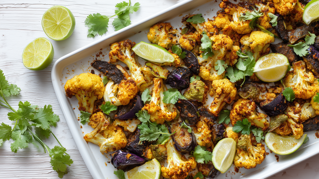 chou fleur et aubergines rôtis aux épices indiennes