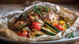 Papillote de poulet, avec du poulet moelleux et des légumes et des herbes fraîches