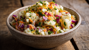 Salade de chou-fleur avec des carottes, des oignons rouges et des herbes fraîches, servie dans un bol