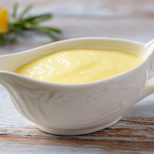 Sauce au citron dans une saucière blanche