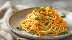Spaghetti aux carottes et à la sauce moutarde, servies sur une belle assiette moderne, avec des brins de persil frais pour la présentation