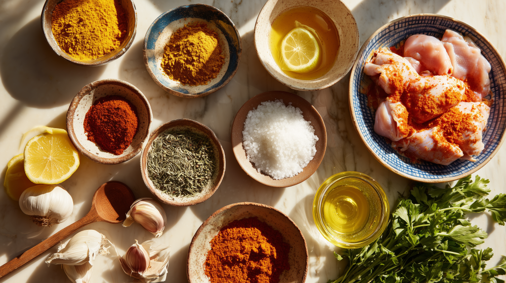 mélange d'épices pour tandoori à l'indienne avec des morceaux de poulet