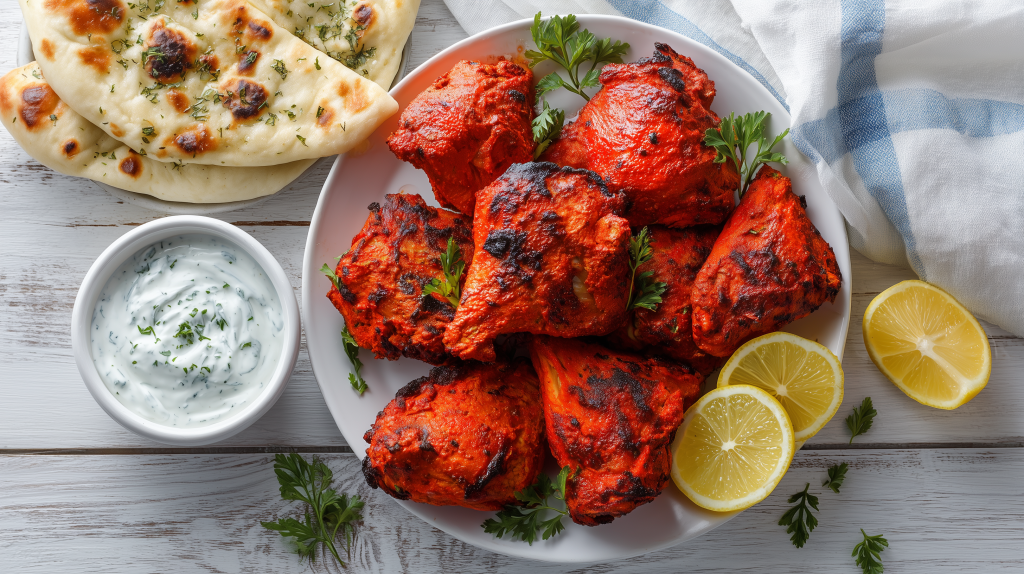poulet tandoori présenté dans une assiette avec des morceaux de citron, une sauce au yahourt et aux herbes et des naans indiens