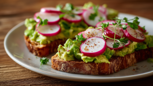 Tartines guacamole radis : deux tranches de pain sur une assiette, recouvertes de guacamole fraîchement préparé et de fines tranches de radis, avec des herbes fraîches et un peu de sel et de poivre au moulin.