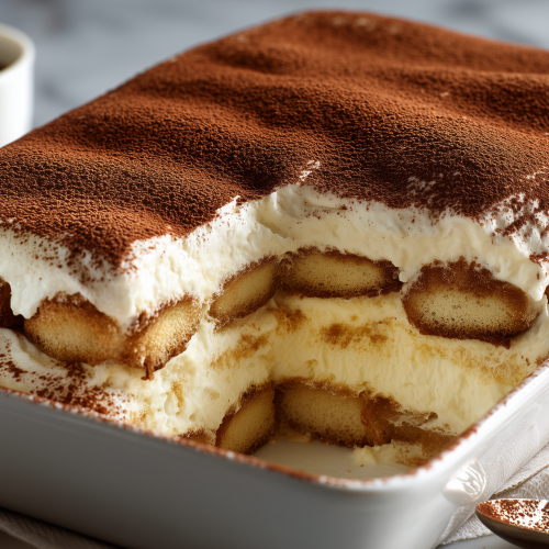 tiramisu sans alcool dans un plat banc rectangulaire