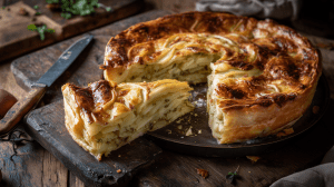 Tourte aux pommes de terre et au pesto avec une part coupée dans un décor rustique