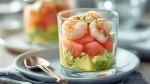 Verrine crevettes avocat pamplemousse, sur une assiette blanche lumineuse et une cuillère à côté