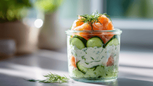 verrine saumon fumé, fromage frais et concombre pour un apéritif rapide