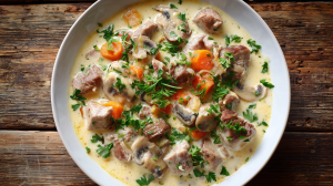 Blanquette de veau au cookeo servie dans un plat, morceaux de viande, de carottes, sauce onctueuse et herbes fraiches
