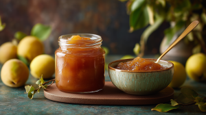 Compote de coing servie dans un bocal et dans un petit bol, avec des coings sur la table d'automne