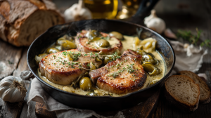 Côtes de porc sauce charcutière dans un plat en fonte, les côtes de porc nagent dans la sauce crémeuse