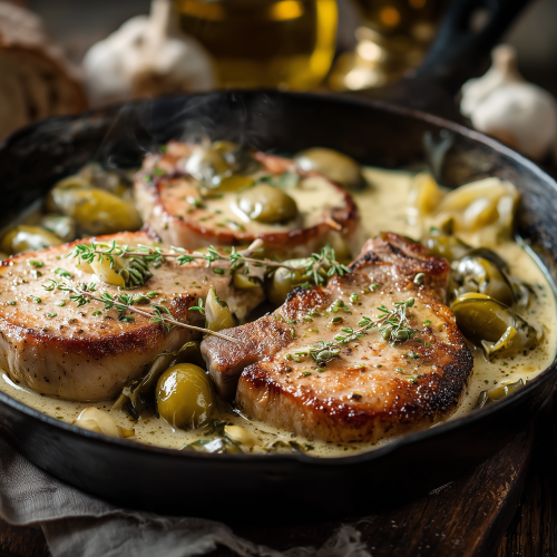 Côtes de porc sauce charcutière dans un plat en fonte, les côtes de porc nagent dans la sauce crémeuse