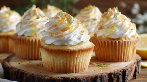 Cupcakes au citron au coeur coulant, avec un toping à la crème montée et à l'écorce de citron