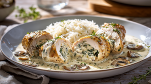 Filets de poulet farcis aux champignons et aux épinards et à la crème