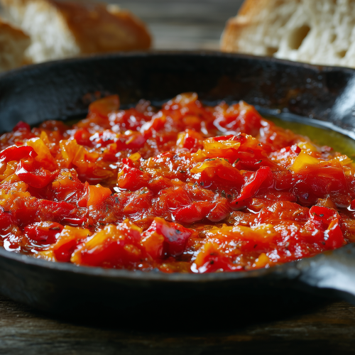 Frito à la tomate dans une casserole en fonte, servi avec des tranches de pain frais
