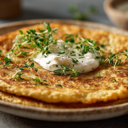 Galette au son d'avoine, bien dorée, dans une assiette, servie avec un peu de yaourt et des herbes fraiches