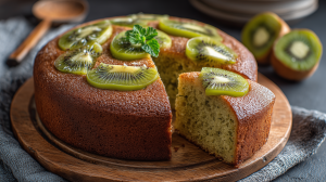 Gâteau au kiwi, servi avec une part coupée, les tranches de kiwi sont posées sur le gâteau