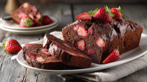 Gâteau aux fraises et chocolat, avec des tranches coupées et des fraises fraiches par dessus