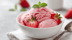 Glace aux fraises dans un ramequin blanc, avec des morceaux de fraise et des feuilles de menthe