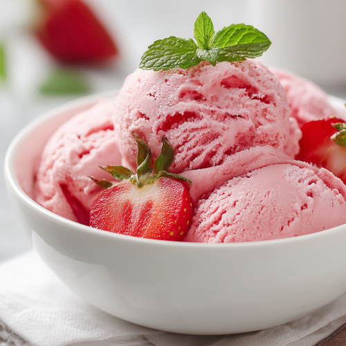Glace aux fraises dans un ramequin blanc, avec des morceaux de fraise et des feuilles de menthe