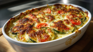 Gratin de pangas à la purée de courgettes et aux tomates, bien gratiné, sorti du four dans son plat à gratin blanc