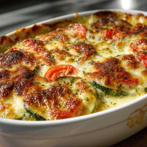 Gratin de pangas à la purée de courgettes et aux tomates, bien gratiné, sorti du four dans son plat à gratin blanc