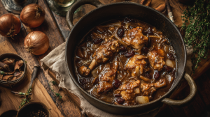 Lapin à la liégeoise avec sa sauce au sirop de Liège, dans une cocotte en fonte