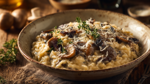 Risotto aux champignons des bois servi dans un bol en céramique, avec des morceaux de champignons (giroles, cèpes, chanterelles) visibles, et du parmesant rapé