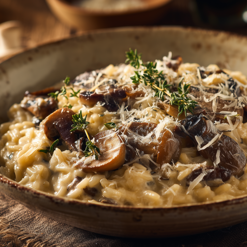 Risotto aux champignons des bois servi dans un bol en céramique, avec des morceaux de champignons (giroles, cèpes, chanterelles) visibles, et du parmesant rapé