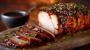 Rôti de porc au miel et à la sauce soja sucrée présenté sur un planche en bois, avec des tranches coupées, on voit bien le glaçage à la sauce caramélisée des herbes par dessus