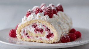 Roulé meringué à la framboise, avec de la crème chantilly et des frambroises fraiches saupoudrées de sucre en poudre